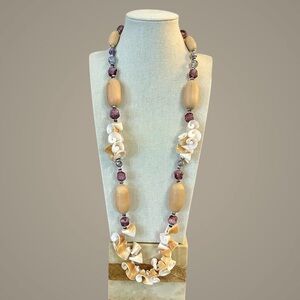 Miriam Haskell Amethyst Glass Wood Shell Stone Necklace Vintage Unique